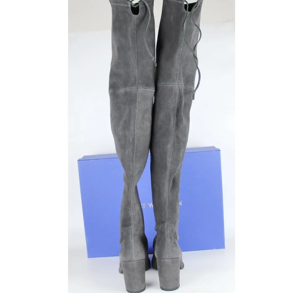 NEW Stuart Weitzman Landmark Pointed Toe Over the Knee Boots, Slate, US 10